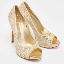 Gina Gold Crystal Embellished Satin Platform Open Toe Pumps Size 39