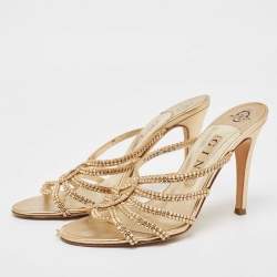 Pre Owned Gina Gold Crystal Embellished Leather Slide Sandals Size 37.5
