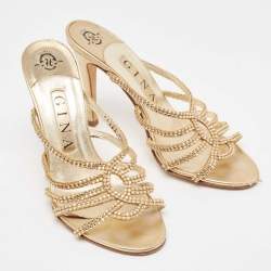 Pre Owned Gina Gold Crystal Embellished Leather Slide Sandals Size 37.5
