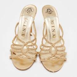 Pre Owned Gina Gold Crystal Embellished Leather Slide Sandals Size 37.5
