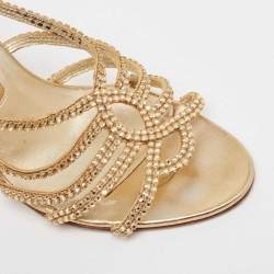 Pre Owned Gina Gold Crystal Embellished Leather Slide Sandals Size 37.5