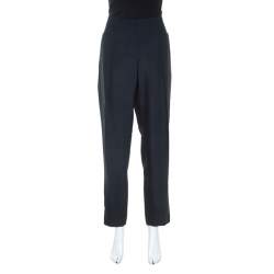 Pre Owned Giorgio Armani Dark Navy Cady Silk Blend Pleated Trousers L