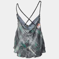 Pre Owned Giorgio Armani Grey Printed Silk Braided Strap Detail Tank Top L
