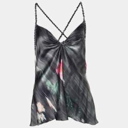 Pre Owned Giorgio Armani Grey Printed Silk Braided Strap Detail Tank Top L