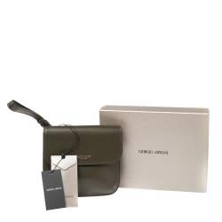 Pre Owned Giorgio Armani Military Green Leather La Prima Wristlet Pouch
