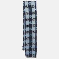 Pre Owned Giorgio Armani Blue Monogram Silk and Cotton Scarf 