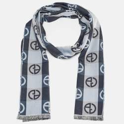 Pre Owned Giorgio Armani Blue Monogram Silk and Cotton Scarf 