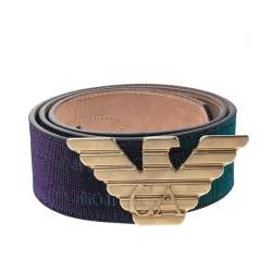 Pre Owned Giorgio Armani Metallic Ombre Blue Logo Belt 85CM