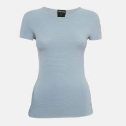 Giorgio Armani Blue Stripe Textured Jersey Short Sleeve Top M