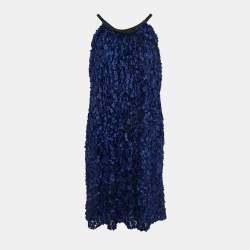 Pre Owned Giorgio Armani Blue Floral Applique Tulle Shift Dress S