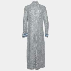 Pre Owned Giorgio Armani Navy Blue/White Linen and Cotton Knit Long Shirt Dress M