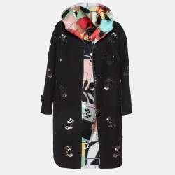 Pre Owned Giorgio Armani Black Laser Cut Work Detail Hooded Overcoat L