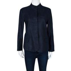 Pre Owned Giorgio Armani Navy Blue Linen Mandarin Collar Blazer M