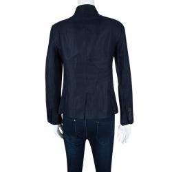 Pre Owned Giorgio Armani Navy Blue Linen Mandarin Collar Blazer M