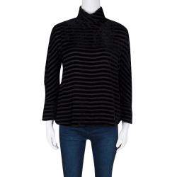 Pre Owned Giorgio Armani Black Striped Velvet High Neck Long Sleeve Blouse S