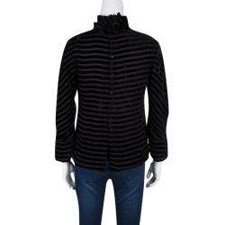 Pre Owned Giorgio Armani Black Striped Velvet High Neck Long Sleeve Blouse S
