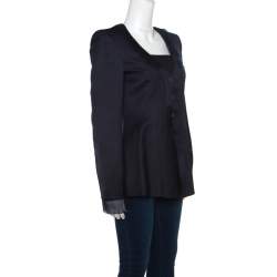 Pre Owned Giorgio Armani Navy Blue Jacquard Organza Trim Jacket S  