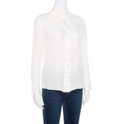 Pre Owned Giorgio Armani Cream Silk Crepe Satin Placket Detail Long Sleeve Blouse S