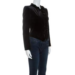 Pre Owned Giorgio Armani Black Velvet Ruffle Trim Zip Front Jacket S