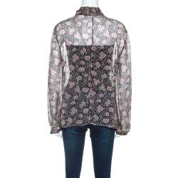 Pre Owned Giorgio Armani Black and Pink Floral Print Sheer Silk Blouse L