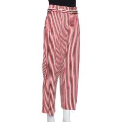 Pre Owned Giorgio Armani Red Striped Silk Blend High Waisted Cropped Trousers S