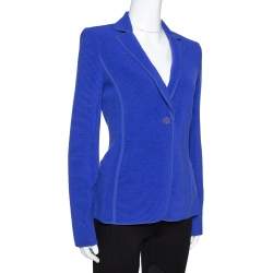 Pre Owned Giorgio Armani Blue Wool Blend Ribbed Knit Jacket M