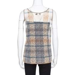 Pre Owned Giorgio Armani Cream Embroidered Lace Sleeveless Top L