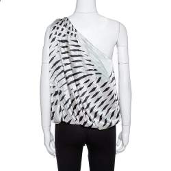 Pre Owned Giorgio Armani Light Grey Printed Silk Draped One-Shoulder Top M