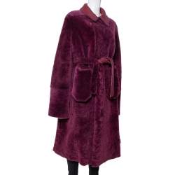 Pre Owned Giorgio Armani Burgundy Shearling Belted Coat M