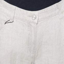 Giorgio Armani Silver Linen Logo Embellished Straight Leg Pants M