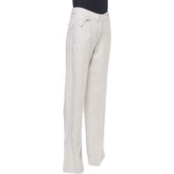 Giorgio Armani Silver Linen Logo Embellished Straight Leg Pants M