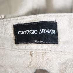 Giorgio Armani Silver Linen Logo Embellished Straight Leg Pants M