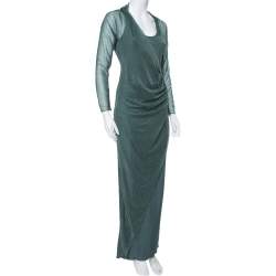 Pre Owned Giorgio Armani Dark Green Embellished Mesh & Knit Draped  Maxi Dress S 