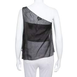 Pre Owned Giorgio Armani Black Silk Organza Pleated One Shoulder Top L