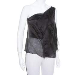 Pre Owned Giorgio Armani Black Silk Organza Pleated One Shoulder Top L