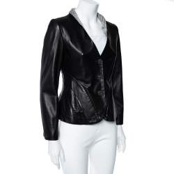 Pre Owned Giorgio Armani Black Leather Paneled Button Front Blazer M