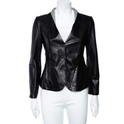 Pre Owned Giorgio Armani Black Leather Paneled Button Front Blazer M