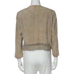 Pre Owned Giorgio Armani Beige Suede Woven Trim Detail Hook Front Jacket L