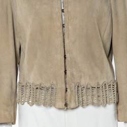 Pre Owned Giorgio Armani Beige Suede Woven Trim Detail Hook Front Jacket L
