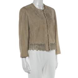 Pre Owned Giorgio Armani Beige Suede Woven Trim Detail Hook Front Jacket L
