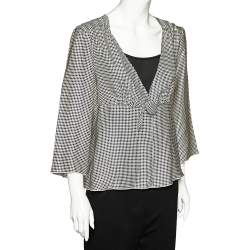 Pre Owned Giorgio Armani White Polka Dotted Silk Satin Gathered Blouse L