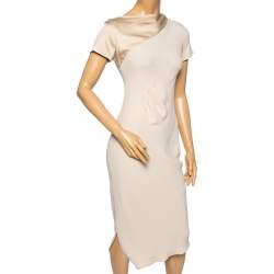 Pre Owned Giorgio Armani Cream Silk Contrast Asymmetric Yolk Paneled Midi Dress S