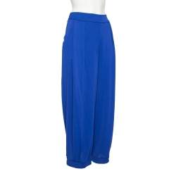 Pre Owned Giorgio Armani Blue Crepe Buttoned Hem Detailed Pants M