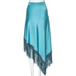 Pre Owned Giorgio Armani Blue Knit Asymmetric Fringed Skirt S