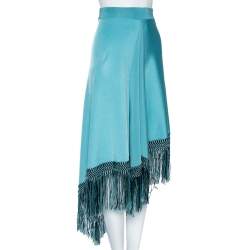 Pre Owned Giorgio Armani Blue Knit Asymmetric Fringed Skirt S