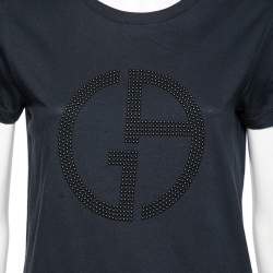 Pre Owned Giorgio Armani Navy Blue Logo Embellished Cotton T-Shirt M