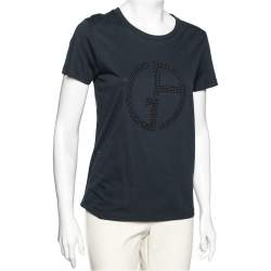 Pre Owned Giorgio Armani Navy Blue Logo Embellished Cotton T-Shirt M