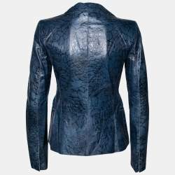 Pre Owned Giorgio Armani Navy Blue Floral Patterned Leather Single Breasted Blazer S