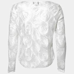 Pre Owned Giorgio Armani White Embroidered Tulle Long Sleeve Top M