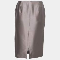 Pre Owned Giorgio Armani Grey Silk Satin Pleat Detail Skirt S